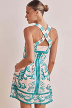 Majolica Tile Print Square Neck Wide Strap Fit and Flare Pocket Mini Dress