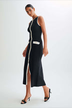 Ribbed Knit Button Front Crew Neck Pocket Bodycon Midi Dress