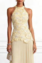 Emilie 3D Floral Embroidery Pleated Chiffon Hem Halter Neck Sleeveless Maxi Dress