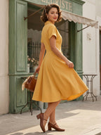 Vintage Glamour Dress Turndown Collar Buttons 1950s Style Short Sleeves Medium Yellow Rockabilly Dress