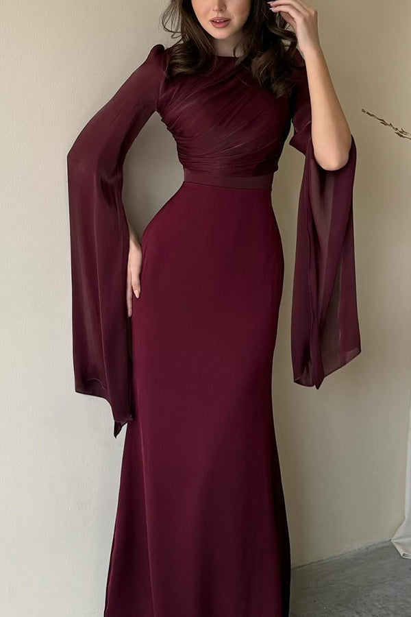 Satin Ruched High Neck Bell Sleeve Slit Mermaid Maxi Gown