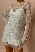 Sequin Mesh Overlay Slip Strap Bell Sleeve Mini Dress