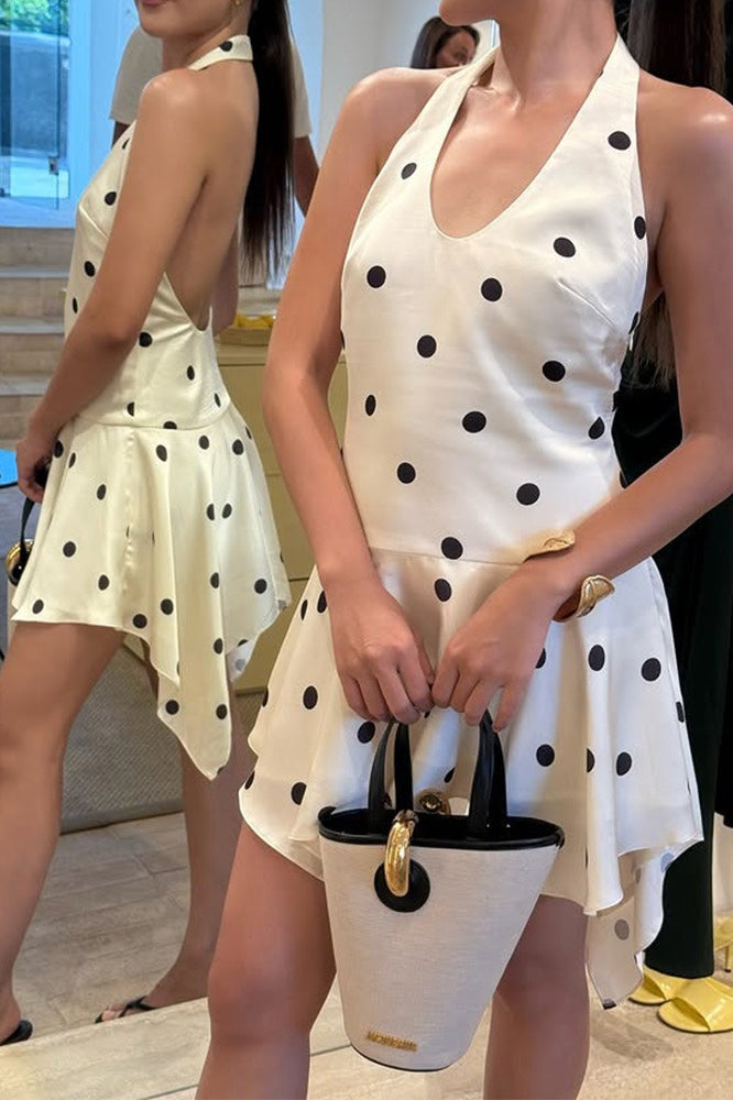 Polka Dot Halter V-Neck Backless Handkerchief Hem Ruffle Mini Dress