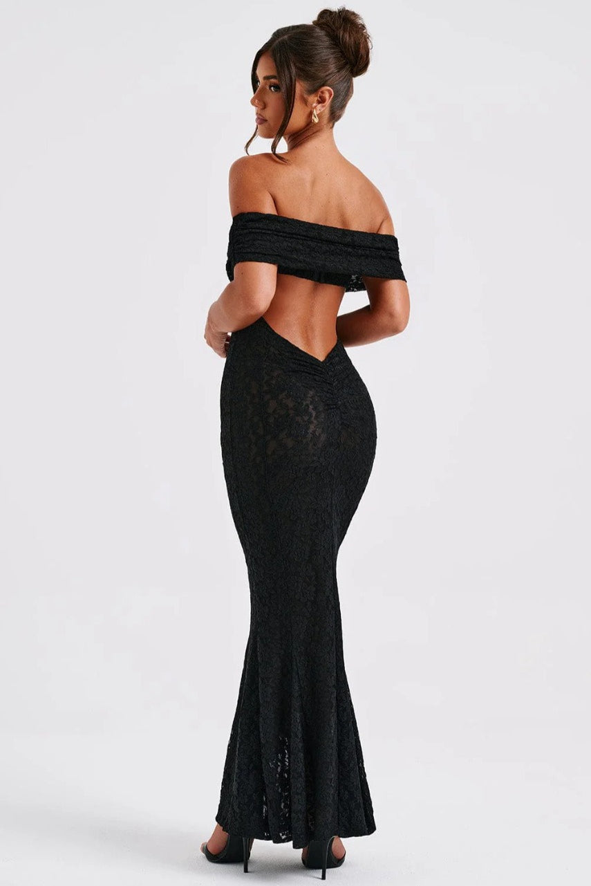 Floral Lace Off Shoulder Foldover Cuff Mermaid Maxi Dress