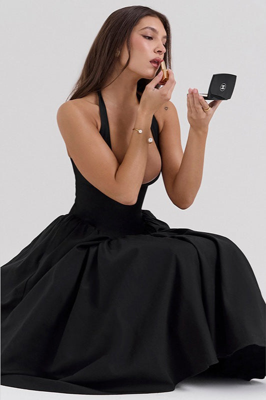 Black Halter Backless Tie Dress