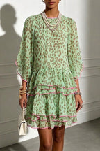 Amara Green Leopard Print Tiered Ruffle Mini Dress