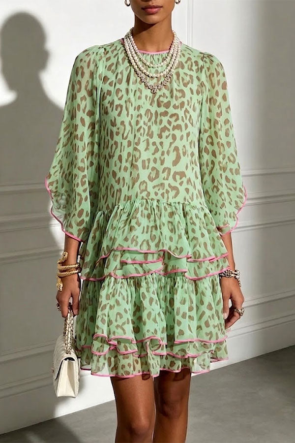 Amara Green Leopard Print Tiered Ruffle Mini Dress