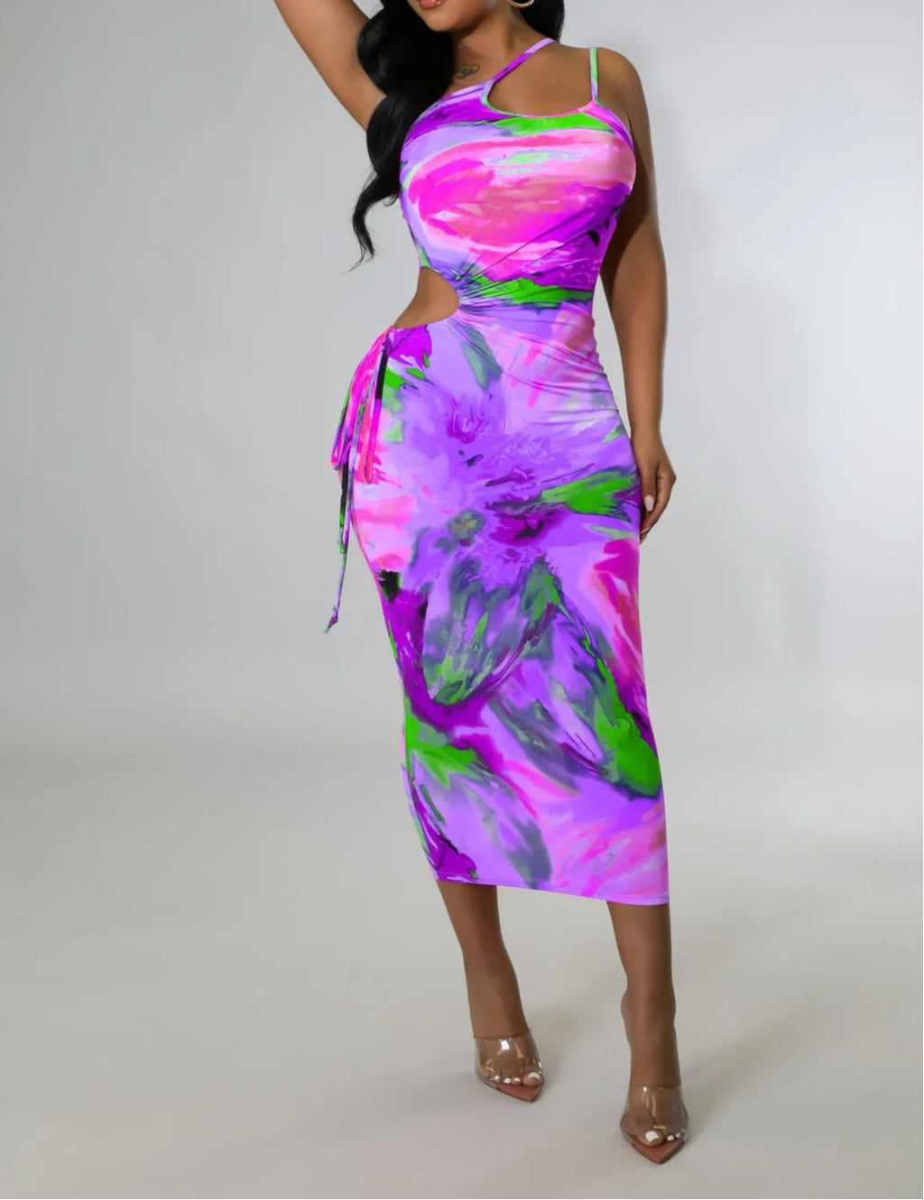 One Shoulder Keyhole Neck Waist Cut Out Drawstring Ruched Bodycon Midi Dress