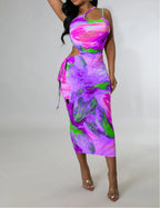 One Shoulder Keyhole Neck Waist Cut Out Drawstring Ruched Bodycon Midi Dress
