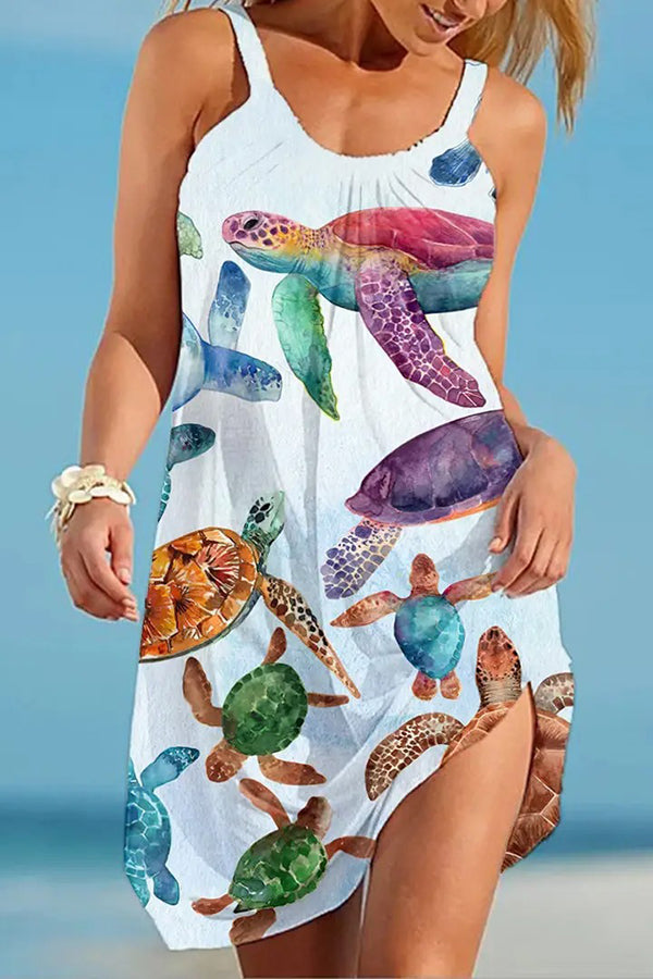 Sea Turtle Print Scoop Neck Tank Side Slit Beach Mini Dress