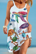 Sea Turtle Print Scoop Neck Tank Side Slit Beach Mini Dress