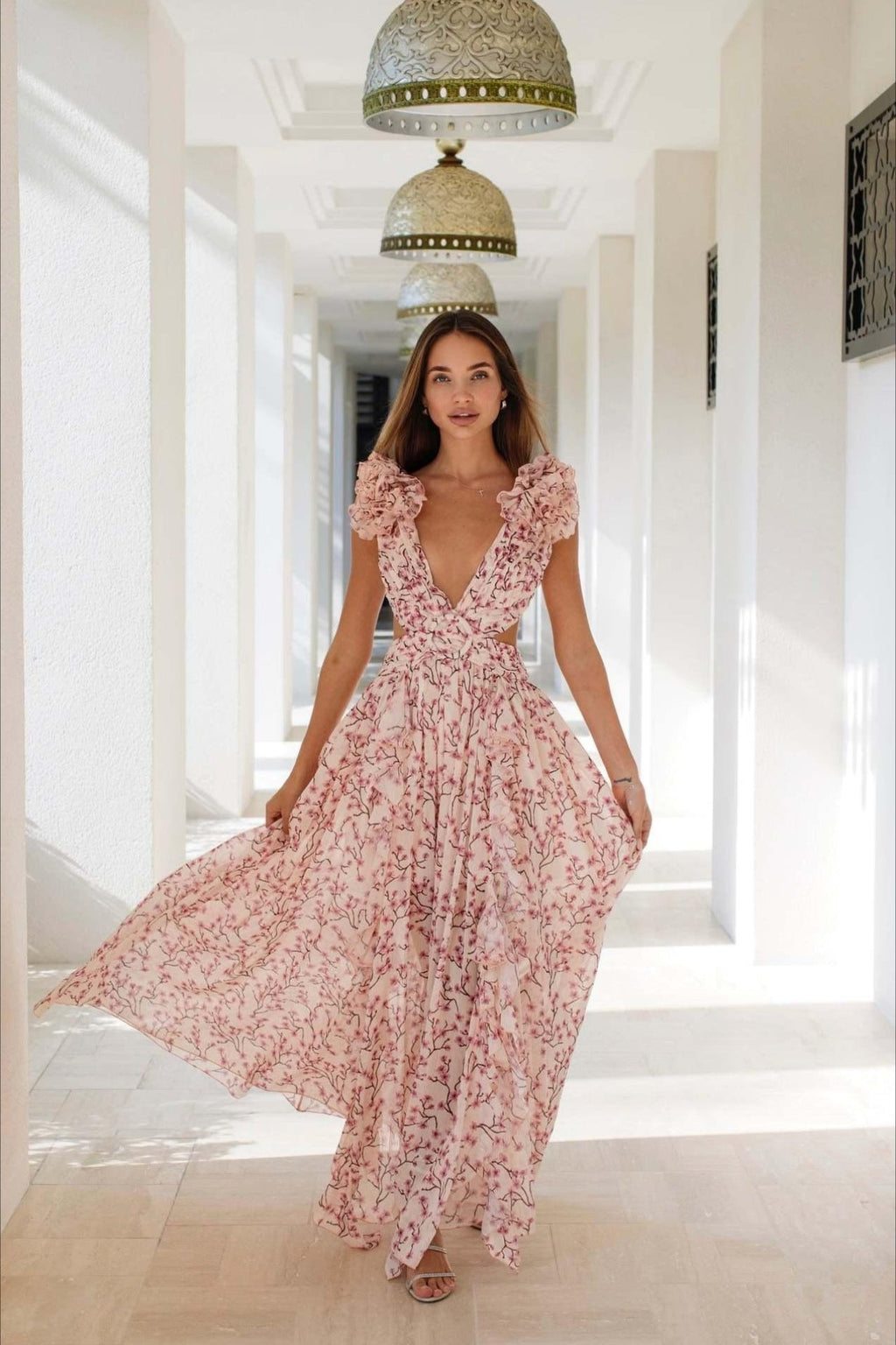One Shoulder Ruffle Strap Cutout Tiered Blossom Print Maxi Dress