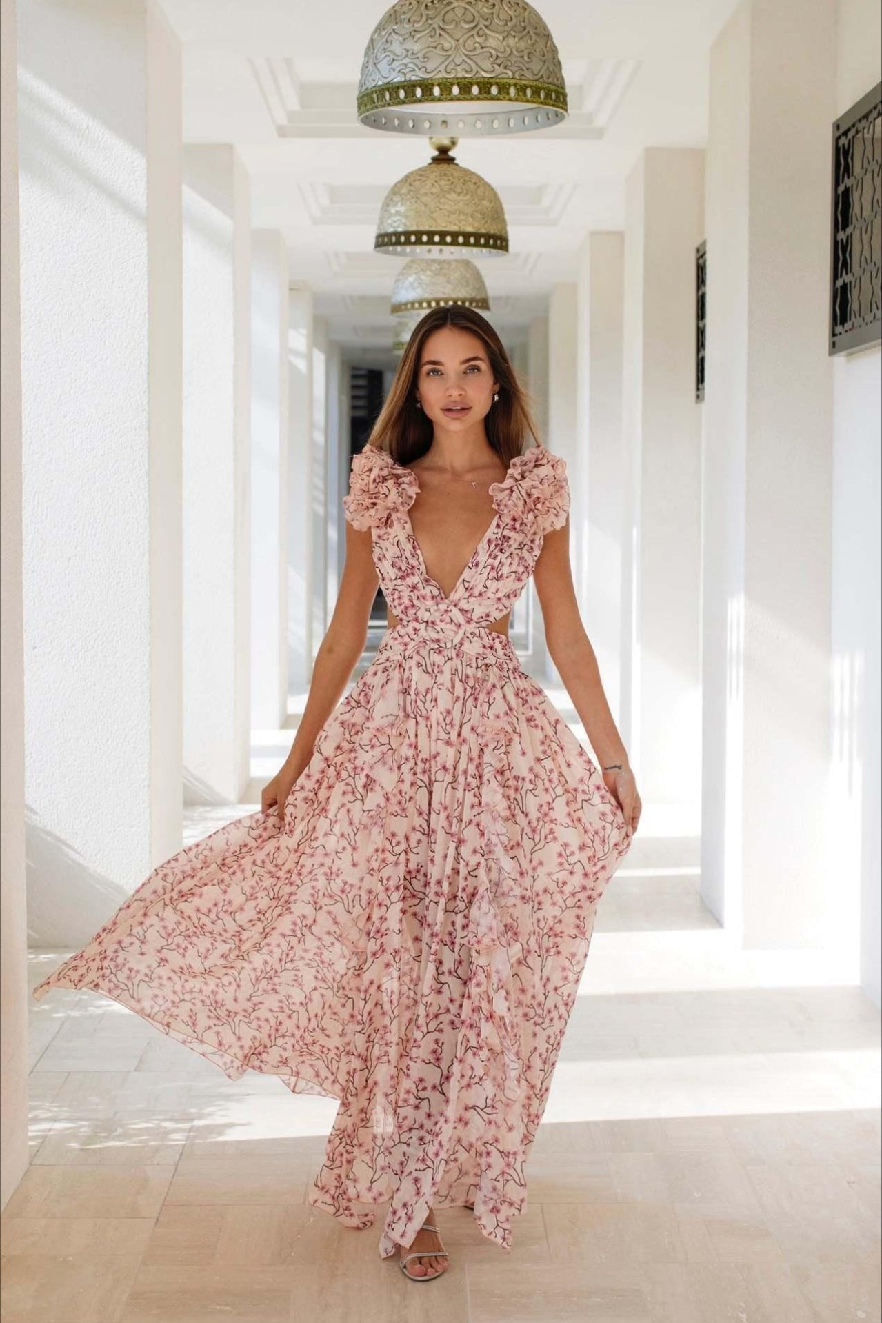 One Shoulder Ruffle Strap Cutout Tiered Blossom Print Maxi Dress
