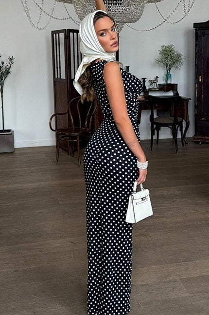 Boat Neck Side Ruched Polka Dot Bodycon Midi Dress