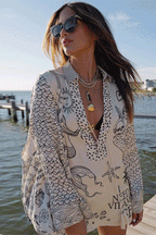 Live By Water Satin Unique Print Tassle Shirt and Elastic Waist Shorts Set