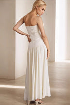 Halter Neck Ruched Drop Waist Flowy Pleated Maxi Dress