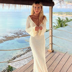 Crochet Deep V-Neck Bell Sleeve Open Knit Maxi Dress