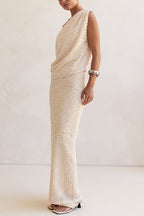 Milla Knit Sequin Asymmetrical Neck Draped Loose Top