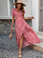 Floral Boho Short Sleeve Wrap Maxi Dress - V Neck Belted High-Low Flowy Sun Dress - Summer Beach Vacation 2026