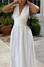 Solid Color Halter Neck Tie Elegant Backless Waist-cinching Maxi Dress