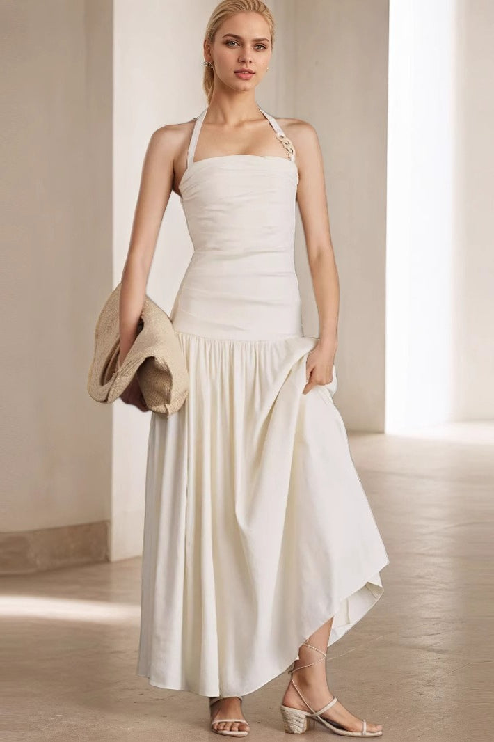 Halter Neck Ruched Drop Waist Flowy Pleated Maxi Dress
