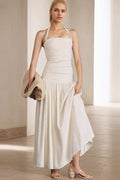 Halter Neck Ruched Drop Waist Flowy Pleated Maxi Dress