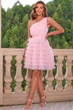Pink Asymmetric Strapless Tiered Tulle Ball Gown Mini Dress
