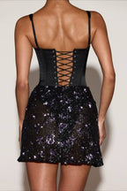 Spaghetti Strap 3D Floral Sequin Satin Bodycon Mini Dress
