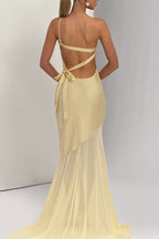 One Shoulder Waist Triangular Cutout Sheer Panel Flare Hem Maxi Dress