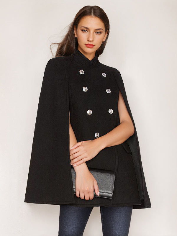 Woolen Poncho Coat Stand Collar Double Breasted Women Cape Outerwear