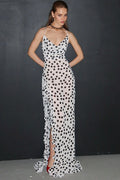 Polka Dot Spaghetti Strap Ruffle Trim High Split Maxi Dress