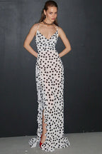 Polka Dot Spaghetti Strap Ruffle Trim High Split Maxi Dress
