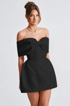 Jacquard Oversized Bow Off Shoulder Fit and Flare Mini Dress
