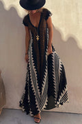 Ethnic Geometric Print Cap Sleeve Deep V-Neck A-Line Maxi Dress