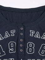 Number Letter Print Breasted Slim Long Sleeve Tee
