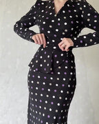 French polka dot V-neck tie waist dress