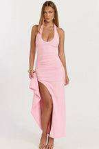 Halter Neck Scoop Neck Ruched Draped Side Slit Maxi Dress