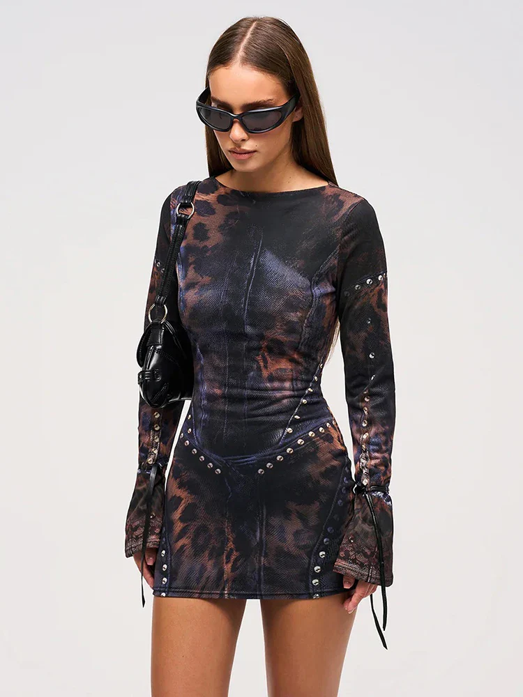 Print Trompe L'Oeil Studded Denim Corset Mini Dress