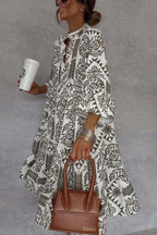 Block Print Mandarin Collar Bell Sleeve Tiered Babydoll Mini Dress