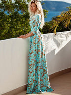 Women Maxi Dress Printed Half Sleeves Split Floor Length Wrap Dress