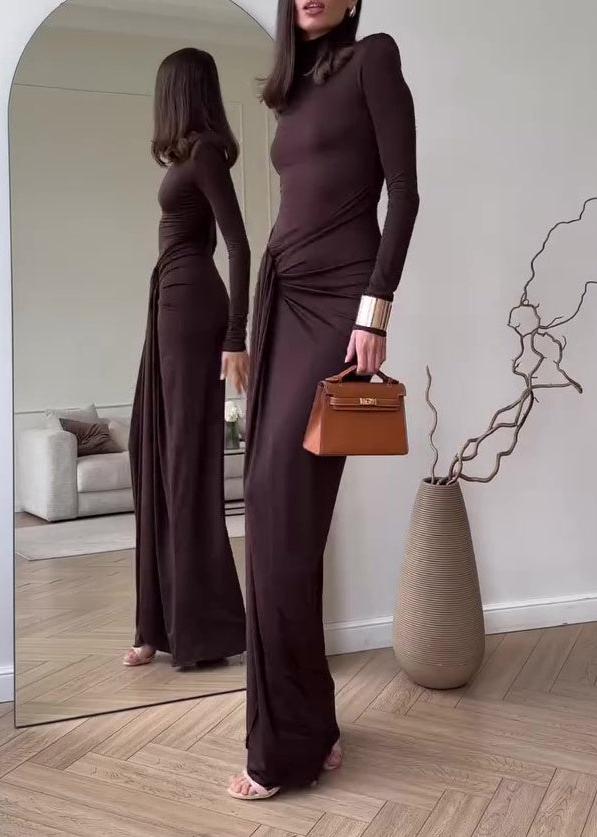 Mock Neck Long Sleeve Hip Knot Drape Panel Bodycon Maxi Dress
