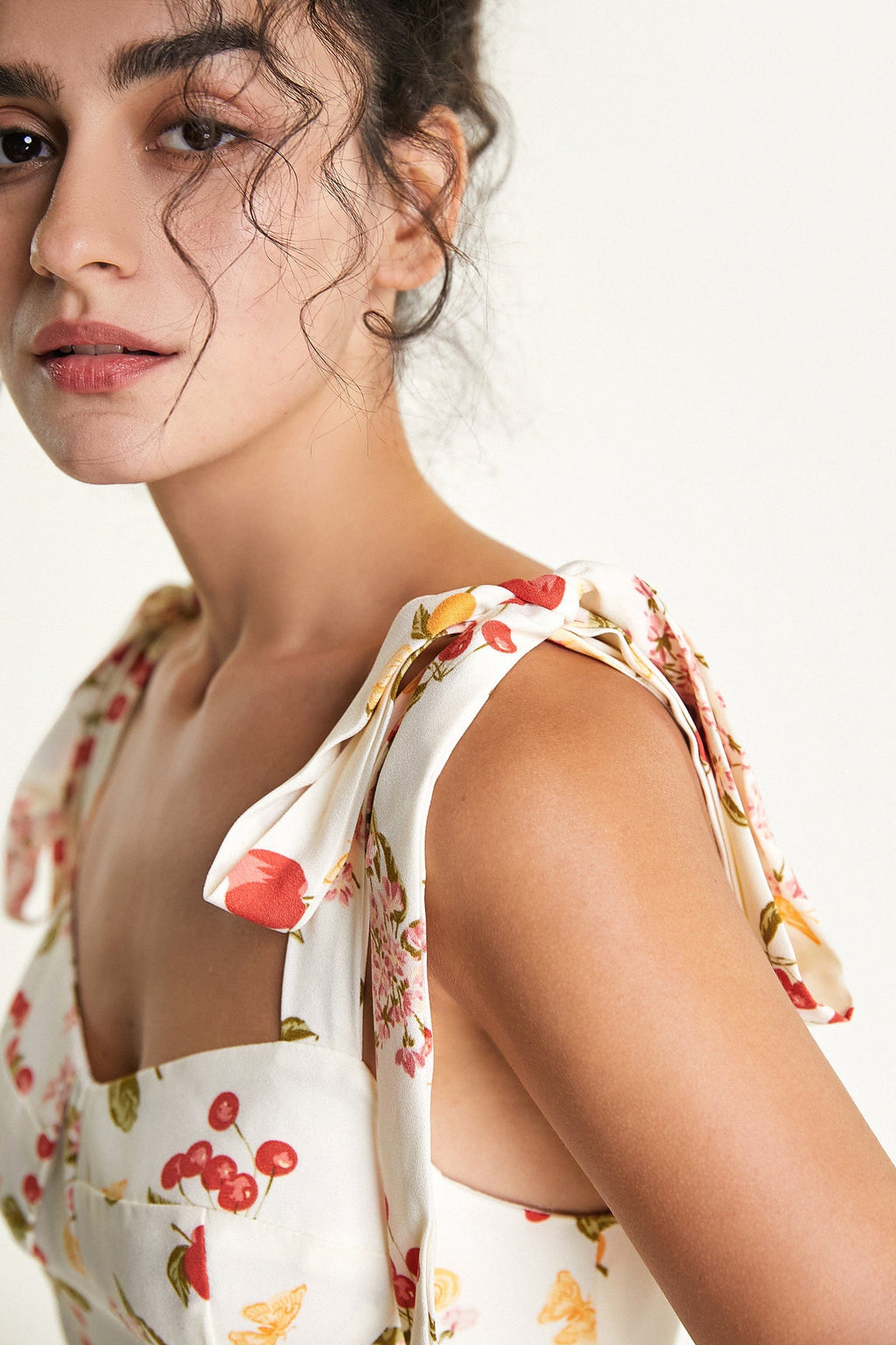Fruit Print Tie Shoulder Bustier Fit and Flare Mini Dress