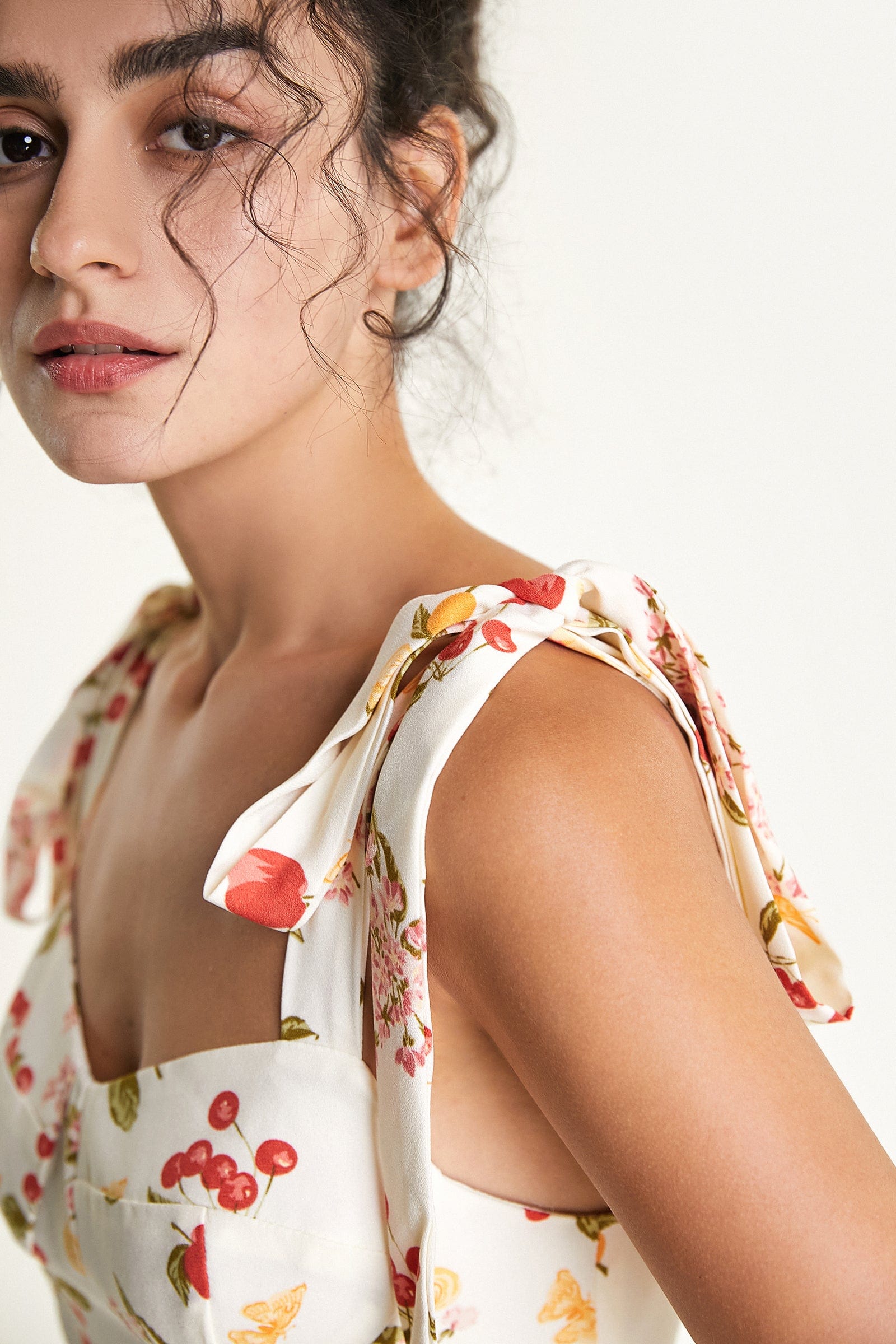 Fruit Print Tie Shoulder Bustier Fit and Flare Mini Dress