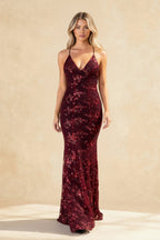 Sequin Floral Embroidery Sheer Mesh Deep V-Neck Mermaid Maxi Gown