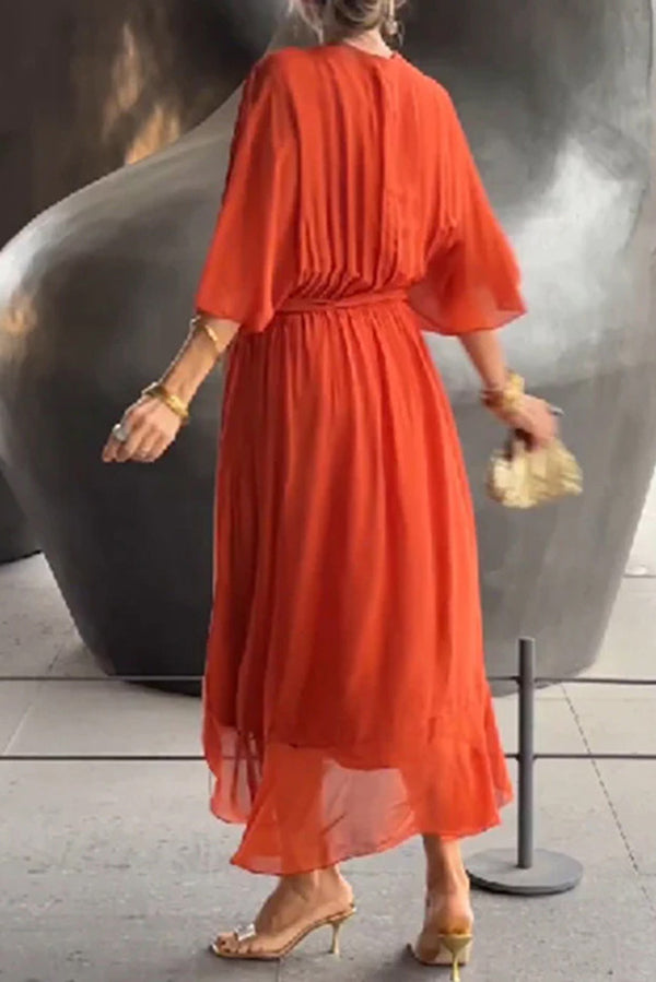 Deep V-Neck Flutter Sleeve Tie Waist Handkerchief Hem Midi Dress