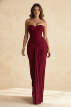 Beaded Corset Strapless Sweetheart Draped Panel Maxi Gown