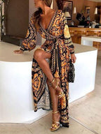 Boho Maxi Dresses Long Sleeves Printed V-Neck Slit Long Dress For Women