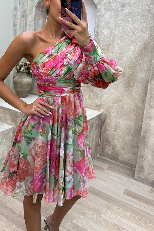 One Shoulder Puff Sleeve Ruched Floral Print Flared A-Line Mini Dress