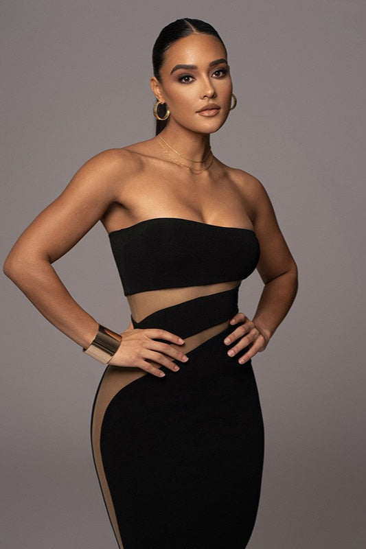 Strapless Diagonal Mesh Panel Cut Out Bodycon Midi Dress