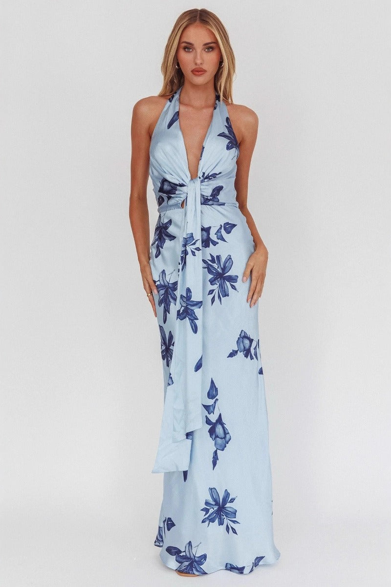 Floral Halter Deep V-Neck Knot Front Tie Sash Maxi Dress